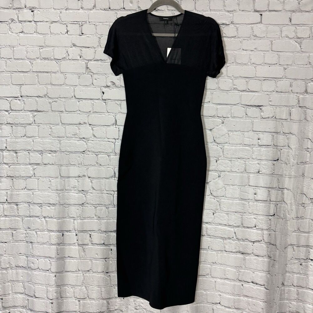 NWT Theory Kimono Illusion Fitted Dress in Black Glossed Women Size Small S LBD - Picture 5 of 16